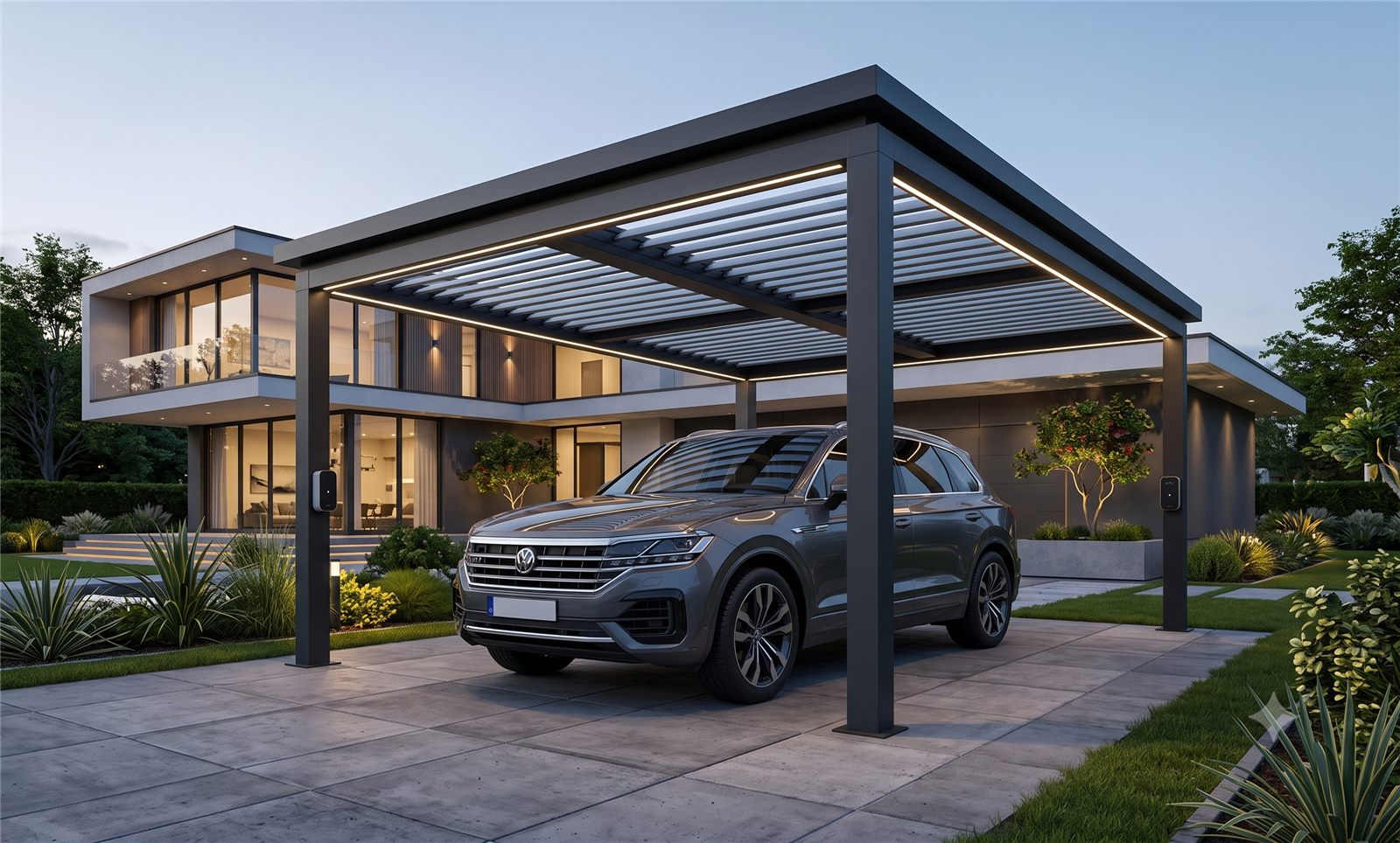 Moderner Carport aus Aluminium vor einem Wohnhaus